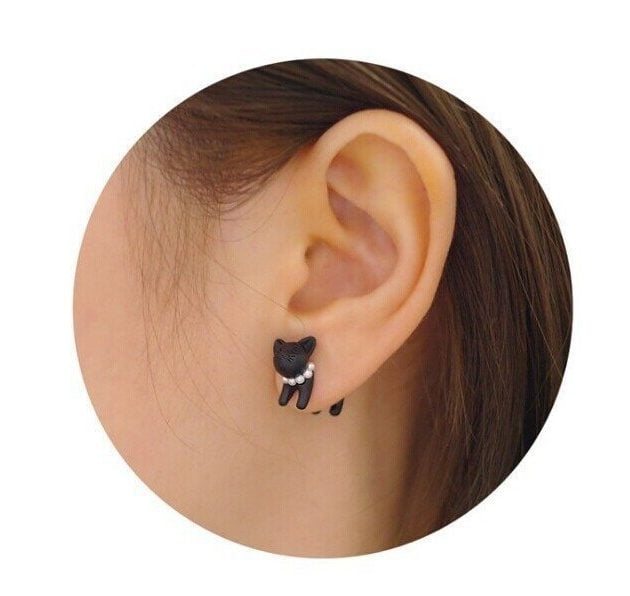 3D Cat Pearl Stud Earrings - pair