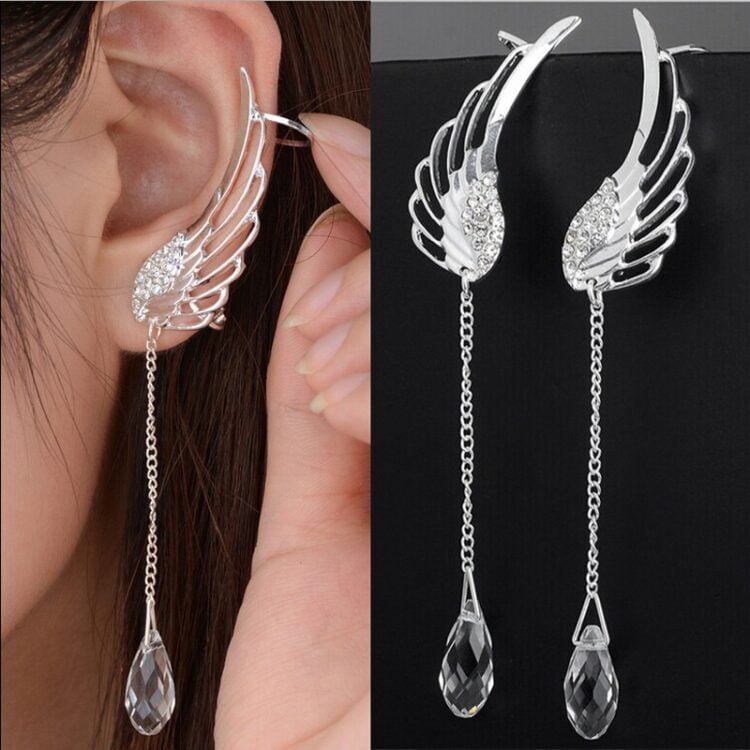 Angel Wing Silver Dangle Ear Clip  - CLIP Style